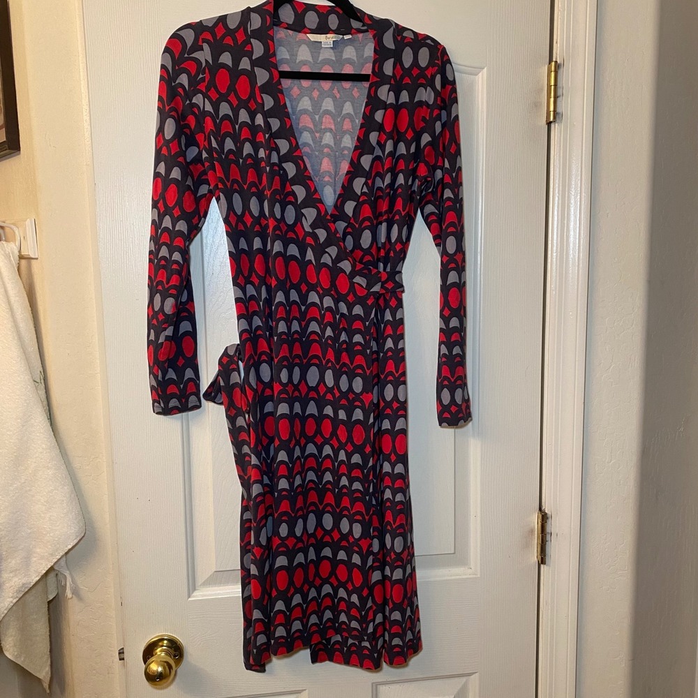 Boden Womens Red Grey Geometric Print‎ Jersey Faux Wrap Dress US 8R UK 12R